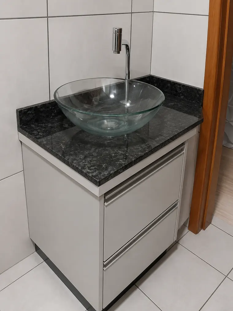 Lavabo com bancada de granito e cuba de vidro sobre marcenaria clara